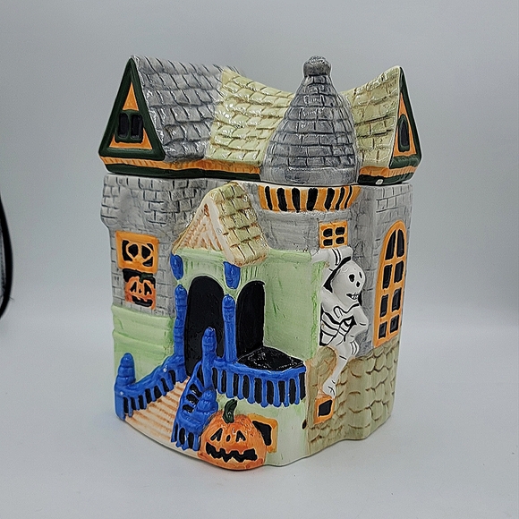 Other - Halloween Haunted House Cookie Jar Ceramic Pumpkin Skeleton Ghost Taiwan 80s Vtg